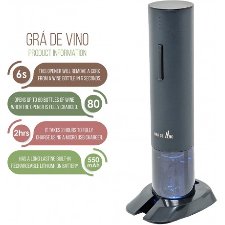 Gra De Vino Black Electric Wine Opener- Stainless Steel Rechargeable Automatic Corkscrew Stand and Foil Cutter Included. Racimo Negro. B07Y7Q7V4T