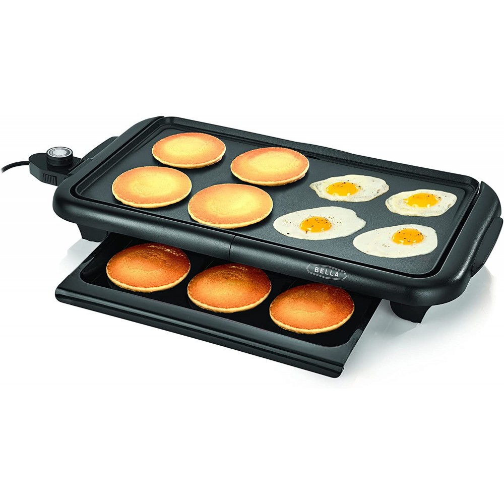 BELLA Electric Griddle w Warming Tray Make 8 Pancakes or Eggs At Once Fry Flip & Serve Warm Healthy-Eco Non-stick Coating Hassle-Free Clean Up Submersible Cooking Surface 10 x 18 Copper Black B08NHT76F7