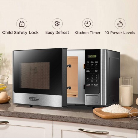 BLACK+DECKER Digital Microwave Oven with Turntable Push-Button Door Child Safety Lock Stainless Steel 0.9 Cu Ft B07HG9YGZY