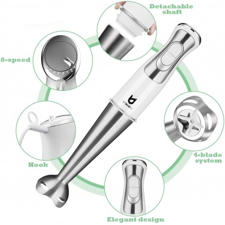 Immersion Hand Blender UTALENT 5-in-1 8-Speed Stick Blender with 500ml Food Grinder BPA-Free 600ml Container,Milk Frother,Egg Whisk ,Puree Infant Food Smoothies Sauces and Soups White B07LFY1L31