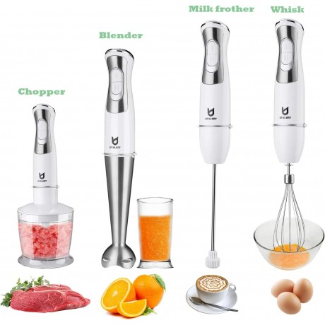 Immersion Hand Blender UTALENT 5-in-1 8-Speed Stick Blender with 500ml Food Grinder BPA-Free 600ml Container,Milk Frother,Egg Whisk ,Puree Infant Food Smoothies Sauces and Soups White B07LFY1L31