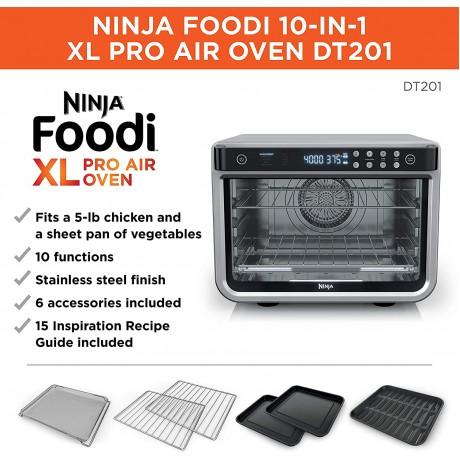 NINJA DT201 Foodi 10-in-1 XL Pro Air Fry Digital Countertop Convection Toaster Oven with Dehydrate and Reheat 1800 Watts Stainless Steel Finish Renewed B092Q5N49Z