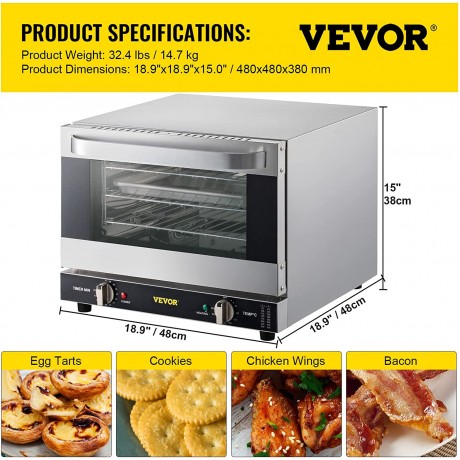 VEVOR Commercial Convection Oven 21L 19Qt Quarter-Size Conventional Oven Countertop 1440W 3-Tier Toaster w Front Glass Door Electric Baking Oven w Trays Wire Racks Clip Gloves 120V ETL Listed B09QGK69JD
