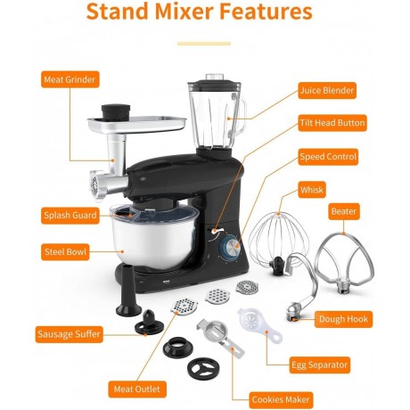 3 in 1 Stand Mixer Tilt-Head Kitchen Mixer with Meat Grinder and Juice Blender 6 Speed Electric Mixer & 6 Quarts 850W Food Mixer Black B09Q83R9QP