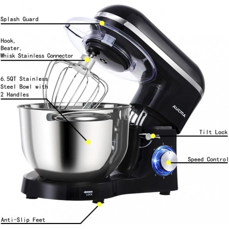 Aucma Stand Mixer,6.5-QT 660W 6-Speed Tilt-Head Food Mixer Kitchen Electric Mixer with Dough Hook Wire Whip & Beater 6.5QT Black B07NY886CD