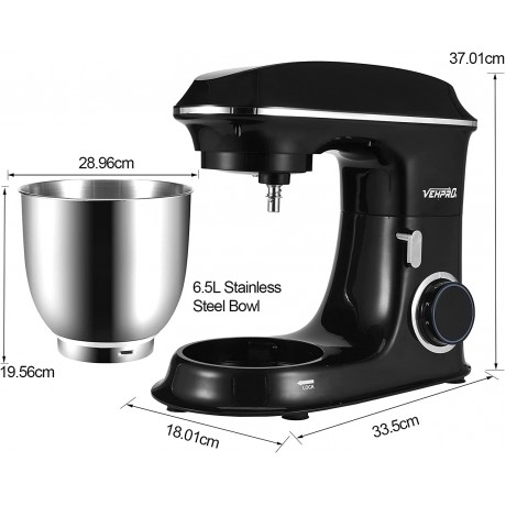 Meticpr Stand Mixer Tilt-Head Electric Kitchen Food Mixer 660W with Stainless Steel Bowl Dough Hook Beater Whisk,6-Speed 6.5L Black 47x40x30cm B0B4J4MPV5