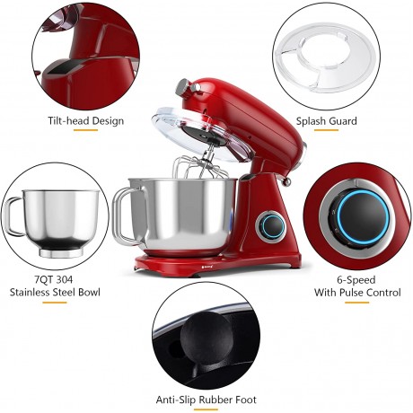 Stand Mixer 6+P Speed Household Stand Mixers | Electric Tilt-Head Kitchen Food Mixer with Dishwasher Safe Stainless Steel Mixing Bowl Dough Hook Whisk Flat Beater All-metal Body Red B09YHY87LD