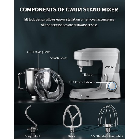 Stand Mixer CWIIM 10+P Speed 4.8 QT Food Mixer with Dough Hook Whisk Beater Splash Guard Mixing Bowl Tilt-Head Kitchen Electric Mixer for Baking Egg Bread Cakes Cookie Pizza Salad White B09FDT21JB