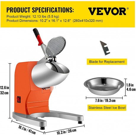 VEVOR 110V Electric Ice Shaver Crusher,300W 1450 RPM Snow Cone Maker Machine with Dual Stainless Steel Blades 210LB H Shaved Ice Machine with Ice Plate & Additional Blade for Home and Commercial Use B099J2DJ7N