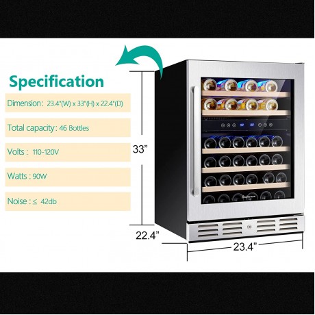 Kalamera 24'' Wine Cooler Refrigerator 46 Bottle Dual Zone Built-in or Freestanding Fridge with Seamless Stainless Steel & Triple-Layer Tempered Reversible Glass Door and Temperature Memory Function B081JPXTCF