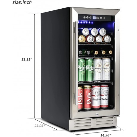15inch Beverage Refrigerator and Beer Fridge Under Counter Built-in or Freestanding,120 Cans Beverage Cooler 34-65°F with Adjustable Shelves LED Lighting ETL Touch Controls Defrost Double Glass Door for Bottles and Cans Beer Soda Water Wine B0B4C39BY7