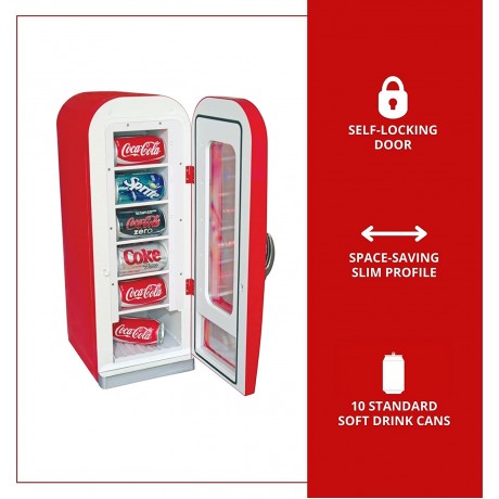 Coca-Cola Retro Vending Machine Style 10 Can Thermoelectric Mini Fridge 12V DC 110V AC with tall window display for Home Dorm Office Travel and Games Room B001YQGDS2