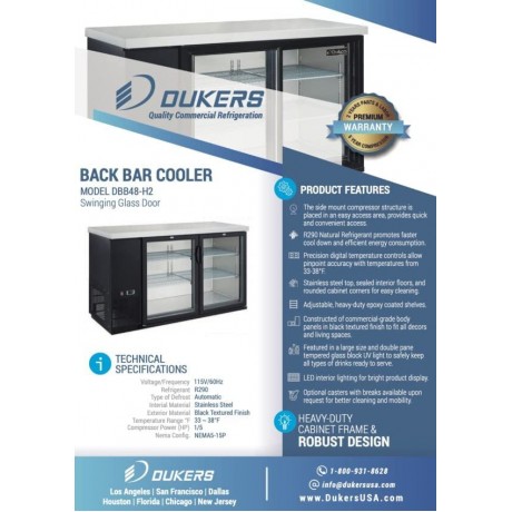 D Dukers Back Bar Cooler 49“ W Hinge 2 Glass Door Stainless Stee Beverage Refrigerator Commercial Fridge with LED Lighting B0B3M4X7TQ