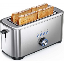 Famiworths 4 Slice Toaster Extra Wide Long Slot Stainless Steel Toaster Built-In Warming Rack and High-Lift Removable Tray 7 Browning Setting Bread Toaster with Bagel Defrost Reheat Cancel Function B09ND88N5M
