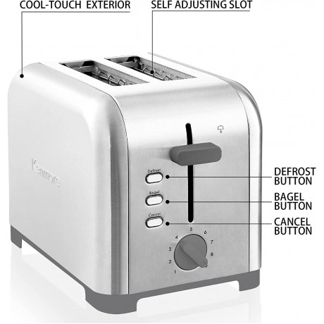 Kenmore 2-Slice Toaster Stainless Steel Grey and Silver with Extra Wide Slots Self-Adjusting Bread Guides Adjustable Browning Defrost Bagel and Removable Crumb Tray B09SF1RB2W