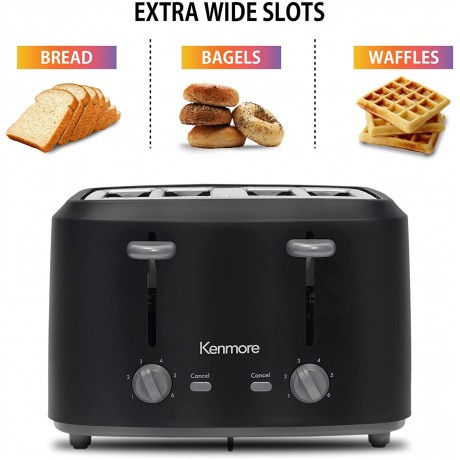 Kenmore 4-Slice Toaster with Dual Controls Matte Black and Grey Wide Slots Self-Adjusting Bread Guides Adjustable Browning 6 Shade Settings Toast Bagels Waffles English Muffins B09JCFJPX7