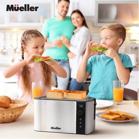 Mueller UltraToast Toaster 4 Slice Long Wide Slots with Built-In Warming Rack Removable Tray Cancel Defrost Reheat Functions Stainless Steel 6 Browning Levels with LCD Countdown Timer B091SQRKVG