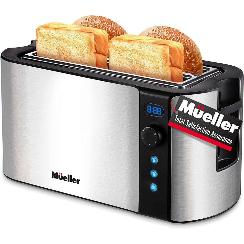 Mueller UltraToast Toaster 4 Slice Long Wide Slots with Built-In Warming Rack Removable Tray Cancel Defrost Reheat Functions Stainless Steel 6 Browning Levels with LCD Countdown Timer B091SQRKVG
