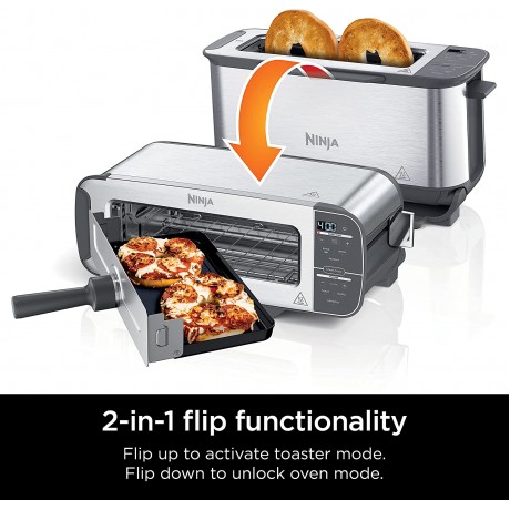 Ninja ST101 Foodi 2-in-1 Flip Toaster 2-Slice Capacity Compact Toaster Oven Snack Maker Reheat Defrost 1500 Watts Stainless Steel B08QZYYR27