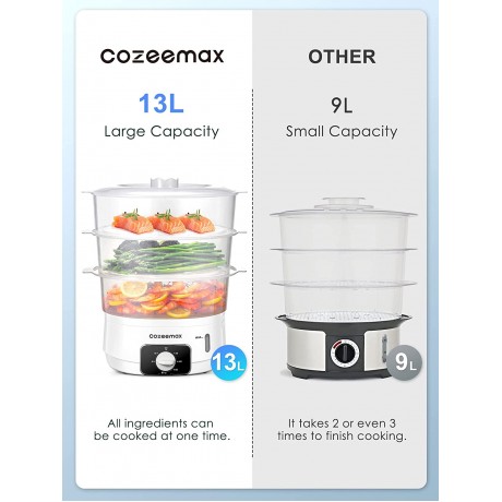 Cozeemax 13.7QT Electric Food Steamer for Cooking 3 Tier Vegetable Steamer for Fast Simultaneous Cooking 60 Minute Timer BPA Free Baskets 800W B09BFHY4X9