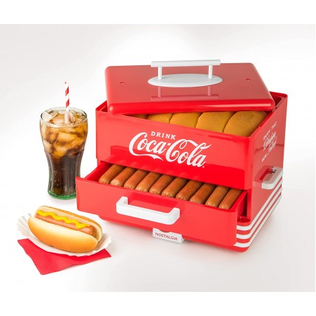 Nostalgia Extra Large Diner-Style Coca-Cola Hot Dog Steamer and Bun Warmer 24 Hot Dog and 12 Bun Capacity Steam Bratwursts Sausages Vegetables Fish Dumplings Red B0B4PL7WXJ