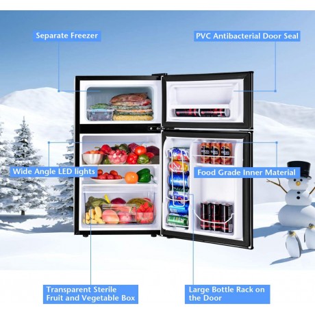 COSTWAY Compact Refrigerator 3.2 cu ft. Unit 2-Door Mini Freezer Cooler Fridge with Reversible Door Removable Glass Shelves Mechanical Control Recessed Handle for Dorm Office Apartment Black B078XTF1QR