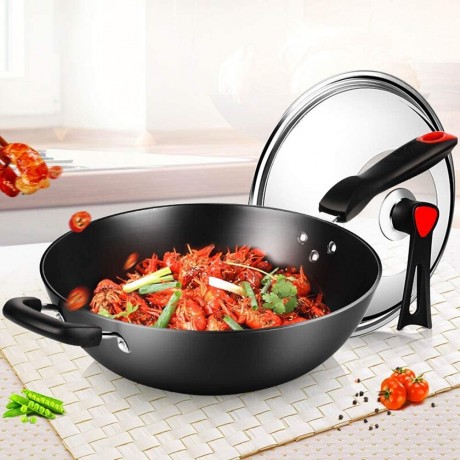 Wok flat-bottomed wok non-stick wok Iron pan anti-rust non-stick coating with dome cover open fire universal color: black size: 34cm B07WZMH8M6