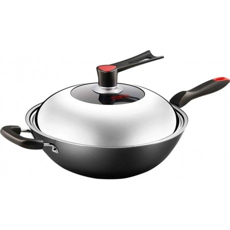 Wok flat-bottomed wok non-stick wok Iron pan anti-rust non-stick coating with dome cover open fire universal color: black size: 34cm B07WZMH8M6