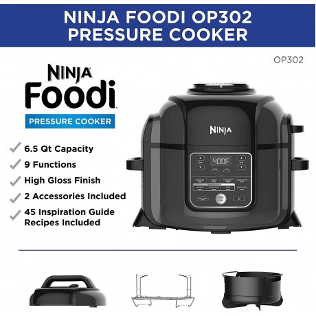 Ninja OP302 Foodi 9-in-1 Pressure Broil Dehydrate Slow Cooker Air Fryer and More with 6.5 Quart Capacity and 45 Recipe Book and a High Gloss Finish B07K2LNDR4