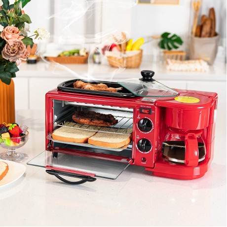 3 in 1 Breakfast Station DECAKILA Toaster Oven 4-Cup Coffee Maker Griddle All in One with 30-Min Timer Red KUEV003R B09M73P3DH