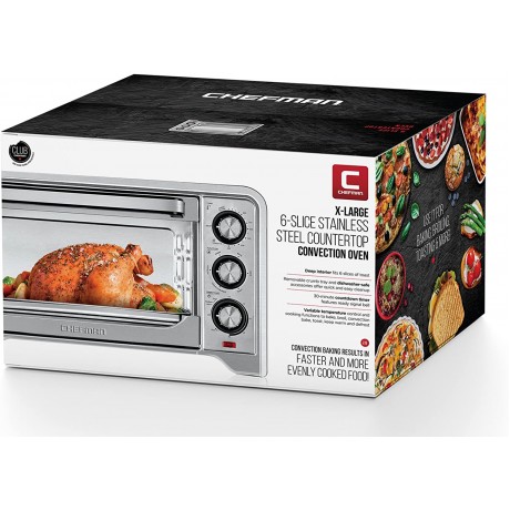 Chefman Toaster Oven Countertop Convection Stainless Steel Oven w Variable Temperature Control; Large 6 Slice; 6 Cooking Functions: Bake Broil Convection Toast Keep Warm & Defrost B075X21D8S