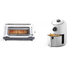 Dash Clear View Extra Wide Slot Toaster with Stainless Steel Accents + See Through Window-Defrost,White & Compact Air Fryer Oven Cooker with Temperature Control Non Stick Fry Basket 2qt White B09376FV76