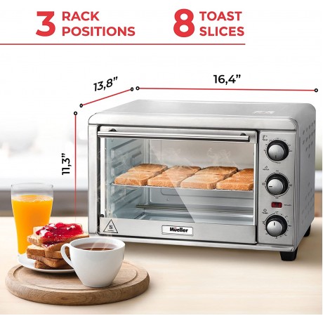 Mueller AeroHeat Convection Toaster Oven 8 Slice Broil Toast Bake Stainless Steel Finish Timer Auto-Off Sound Alert 3 Rack Position Removable Crumb Tray Accessories and Recipes B08TVZQSLK