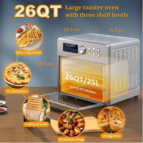 ROOMTEC 26 QT Air Fryer Toaster Oven Combo 21-in-1 Large Countertop Convection Ovens with 9 Accessories for Air Fry,Bake,Broil,Toast,Roast,Dehydrate B09VLGTNTR