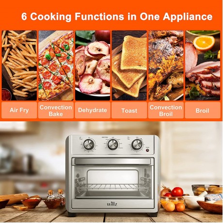 Willz 6-in-1 Air Fryer Toaster Oven Countertop Convection Oven Combo with Dehydrate Broil Bake Settings Fits 12 Pizza 6 Slice 22L 23Qt 1700W Stainless Steel B0972KRWV8