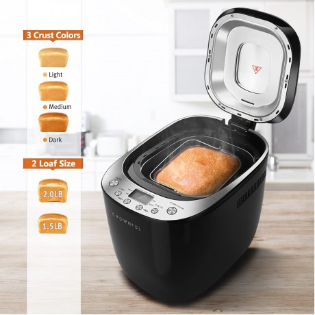 CROWNFUL Automatic Bread Machine 2LB Programmable Bread Maker with Nonstick Pan and 12 Presets 1 Hour Keep Warm Set 2 Loaf Sizes 3 Crust Colors Recipe Booklet Included ETL Listed Black B089CYBJ65