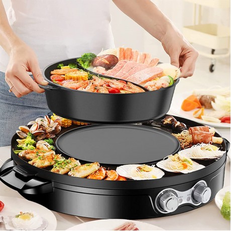 Dyna-Living Hot Pot Electric Korean BBQ Grill 3 in 1 Shabu Shabu Hot Pot with Divider Separate Temperature Control Hotpot Household Electric Skillet with Lid 2200W B08RS1LJ46