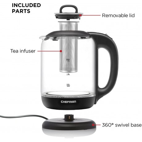 Chefman 1.7 Liter Electric Kettle With Tea Infuser Cordless With Removable Lid And 360 Swivel Base LED Indicator Lights B09CS925HG