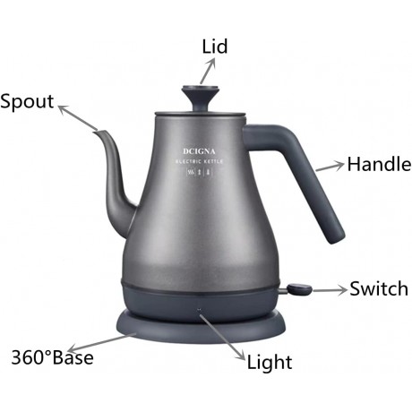DCIGNA Electric Water Kettle Electric Gooseneck Kettle 1L Small Tea Kettle Stainless Steel Lid and Bottom 800W Matte Black B096DX9ZZB