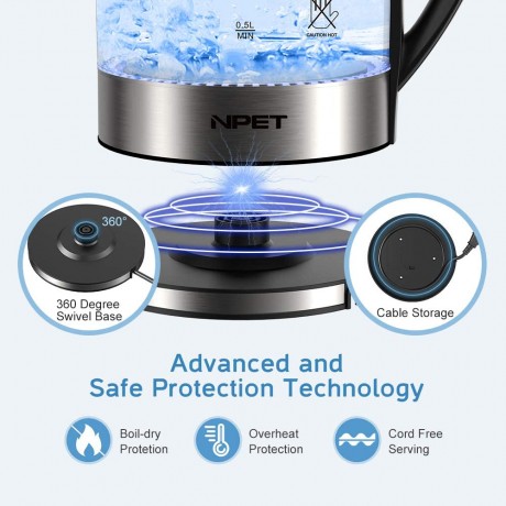 NPET EK20 1000W Electric Kettle Glass Tea Kettle With BPA-Free 1.8L Cordless Portable Water Glass Boiler With LED Light Auto-Shutoff And Boil-Dry Protection Teapot Stainless Steel Kettle B07F1FT5LX