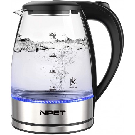 NPET EK20 1000W Electric Kettle Glass Tea Kettle With BPA-Free 1.8L Cordless Portable Water Glass Boiler With LED Light Auto-Shutoff And Boil-Dry Protection Teapot Stainless Steel Kettle B07F1FT5LX
