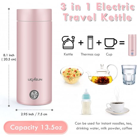 Portable Electric Kettle 400ml Travel Tea Kettle with Non-stick Coating,Double Wall Water Boiler Bottle,Insulated Coffee Thermos Mug Fast Boil and Auto Shut Off Hot Water Heater,One Cup Hot Water Maker Pink B09YCBFD6M