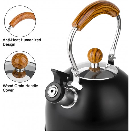 Whistling Tea Kettle ENLOY 2.65 Quart Food Grade Stainless Steel Tea Kettles with Wood Pattern Folding Handle Loud Whistle for Tea Coffee Milk etc Gas Electric Applicable B09137FZRV