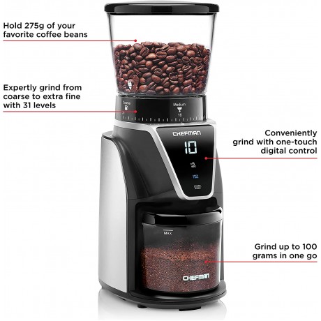 Chefman Conical Burr Coffee Grinder Create The Boldest & Most Flavorful Grind With 31 Settings From Coarse To Extra Fine One-Touch Digital Control & 9.7-oz Bean Capacity B09BZXJ5G4