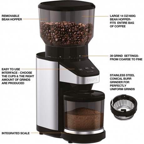 KRUPS GX420851 offee Grinder with Scale 39 Grind Settings Large 14 oz Capacity intuitive Interface Black B07L6VRLDF