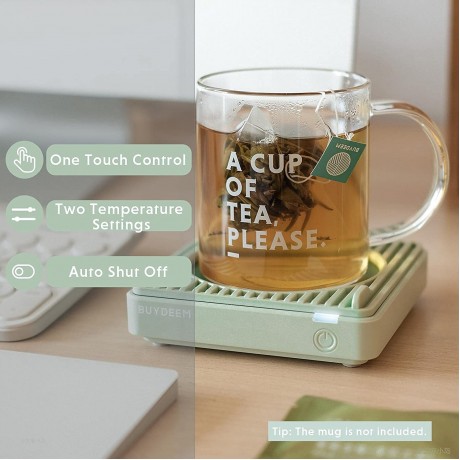 BUYDEEM OA20013 Extra Wide Mug Warmer One-Touch Beverage Cup Warmer with 2 Temperature Settings and Auto Shut-Off Perfect for Office Desk Use Cozy Greenish B09T32ZZK9